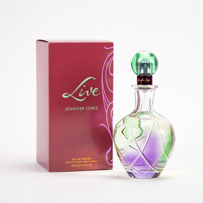 JLO live edp 100 ml lady - botella y caja de perfume Live Jennifer Lopez EDP 100 ml en fondo blanco