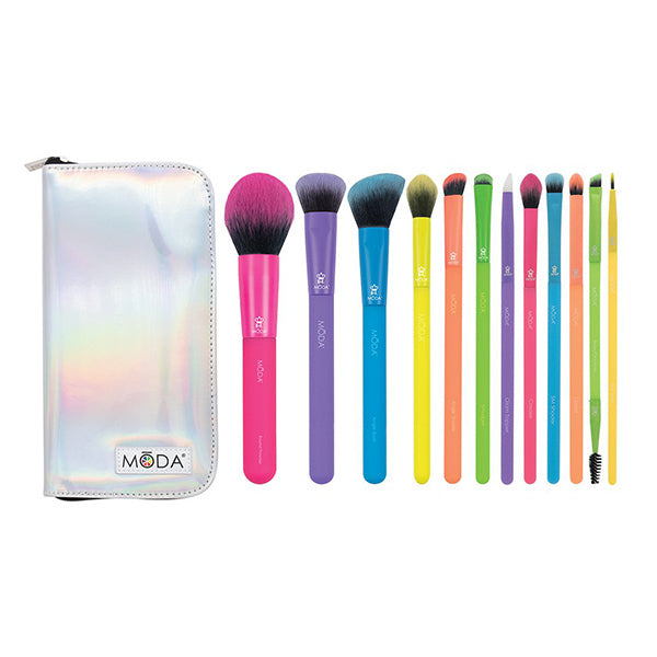 KIT DE BROCHAS TOTALLY ELECTRIC - set de brochas de maquillaje multicolor con estuche holográfico