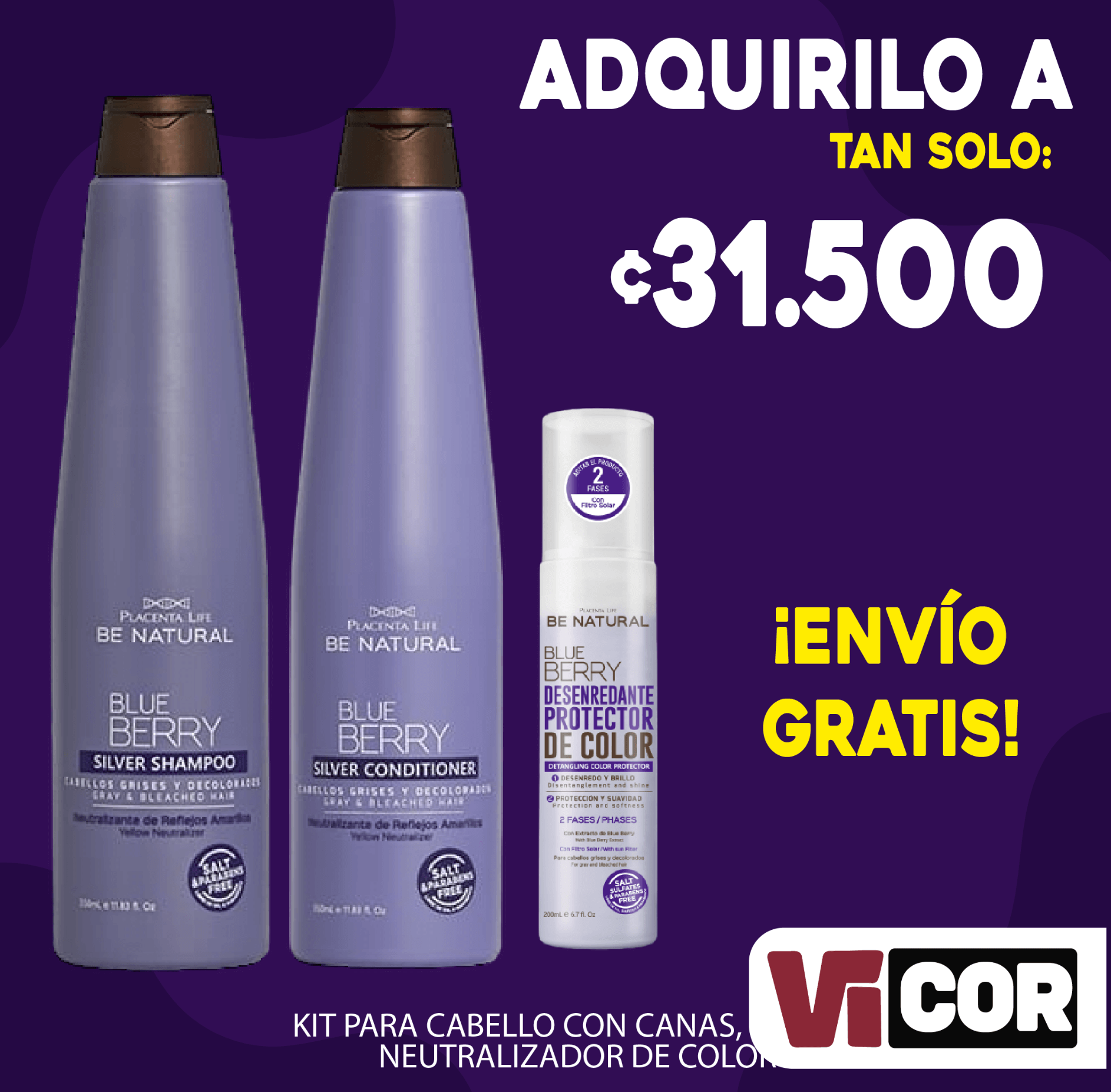 Kit shampoo + acondicionador + desenredante para cabello con canas neutralizador de color Costa Rica