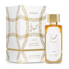 LATAFFA HAYAATI GOLD ELIXIR 100ML EDP U perfume bottle and box with gold accents.