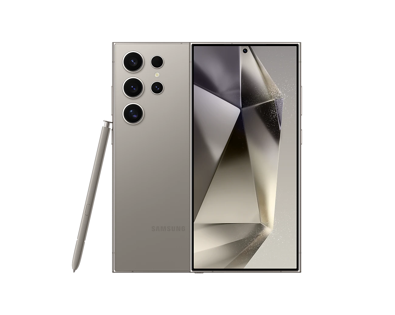 Celular  Samsung Galaxy S24 Ultra 12/512Gb Titanium Gray smartphone vista frontal y trasera con S Pen, cámara cuádruple y diseño titanium gray