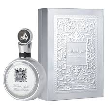 LATTAFA FAKHAR PLATIN EDP 100ML perfume bottle and packaging in silver design