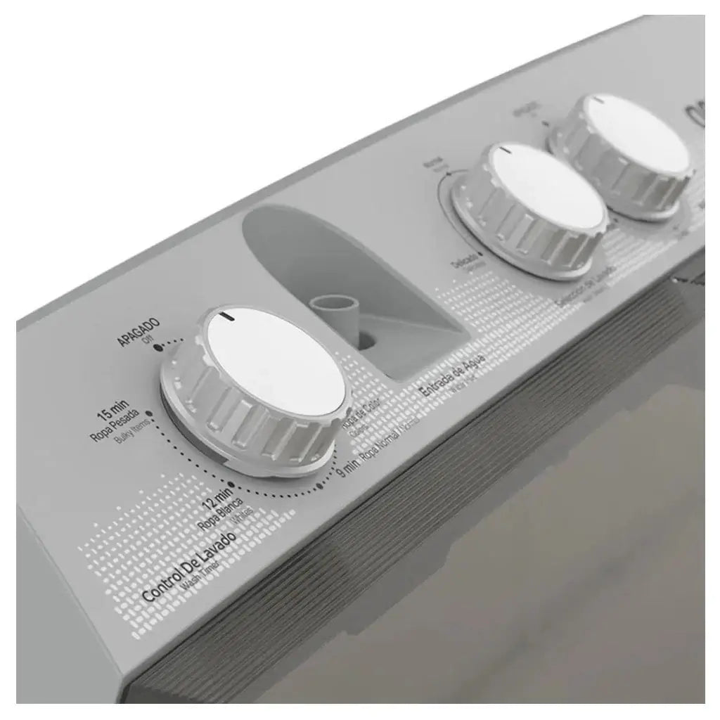 Controles de la lavadora semiautomática ACROS 10.1KG, perillas de selección y sistema de lavado.