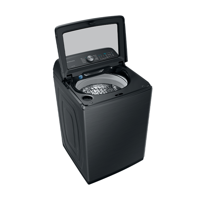 Lavadora Carga Superior 28 kg Inverter, AI Control, SmartThings, Negra - vista superior abierta con tambor y panel digital
