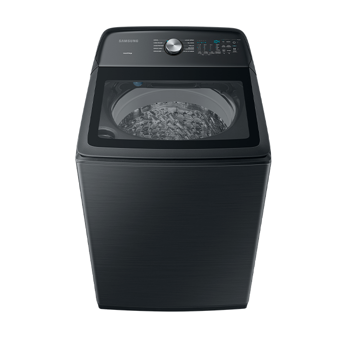 Alt Tag: Lavadora Carga Superior 28 kg Inverter, AI Control, SmartThings, Negra en negro con panel digital y tapa superior de vidrio