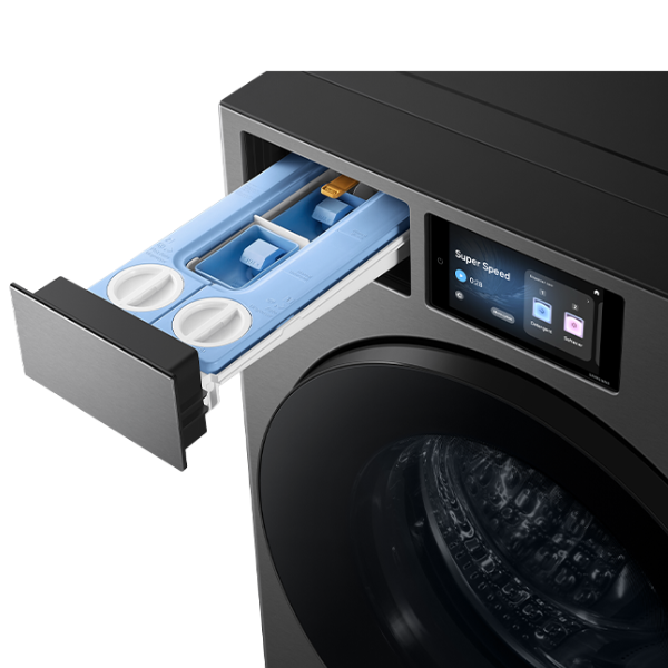 Lavadora Samsung 26 Kg Carga Frontal Touch Screen Negra WF90F26ADSAP - cajón detergente abierto y panel táctil LCD de 7"