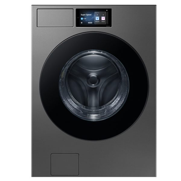 Alt Tag: Lavadora Samsung 26 Kg Carga Frontal Touch Screen Negra WF90F26ADSAP vista frontal con tambor grande y pantalla táctil LCD 7"