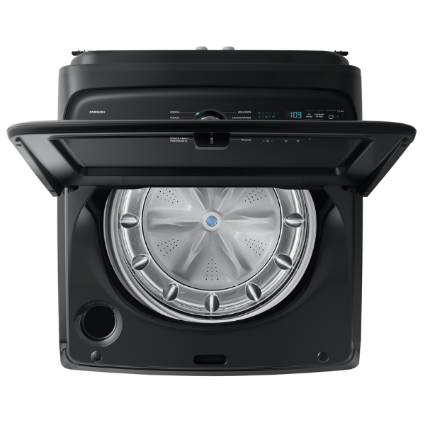 Lavadora Samsung 26 Kg Carga Superior Smart Check Active Bubble Negra WA26DG5500AVAP vista superior con puerta abierta tambor y panel LED negro
