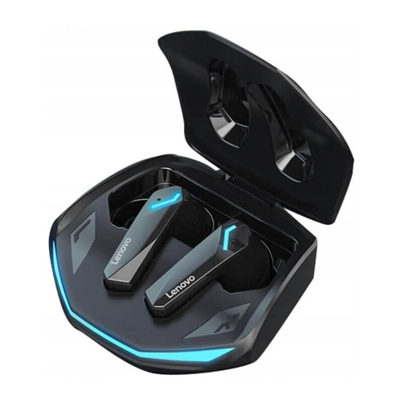 Auriculares Bluetooth gaming baja latencia Lenovo GM2 Pro con estuche de carga, diseño elegante y luces LED.