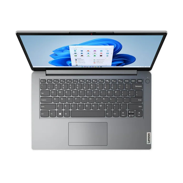 LAPTOP LENOVO IDEAPAD 1I 14" INTEL CELERON N4500 4GB 128GB Emmc WIN 11 INGLES 82LV0075US slim gray laptop top view with HD 14" display and keyboard