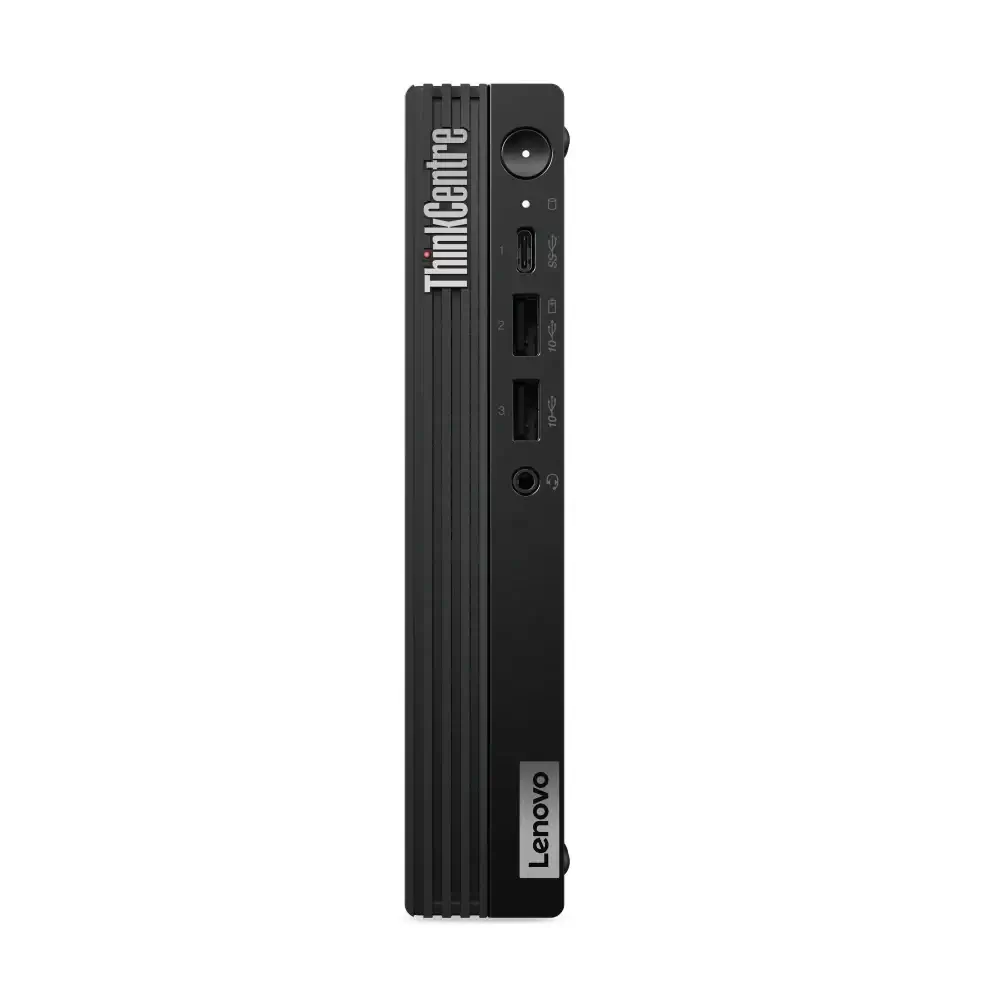 Computadora de escritorio Lenovo M70q i5-14400T, vista lateral, diseño compacto y eficiente.