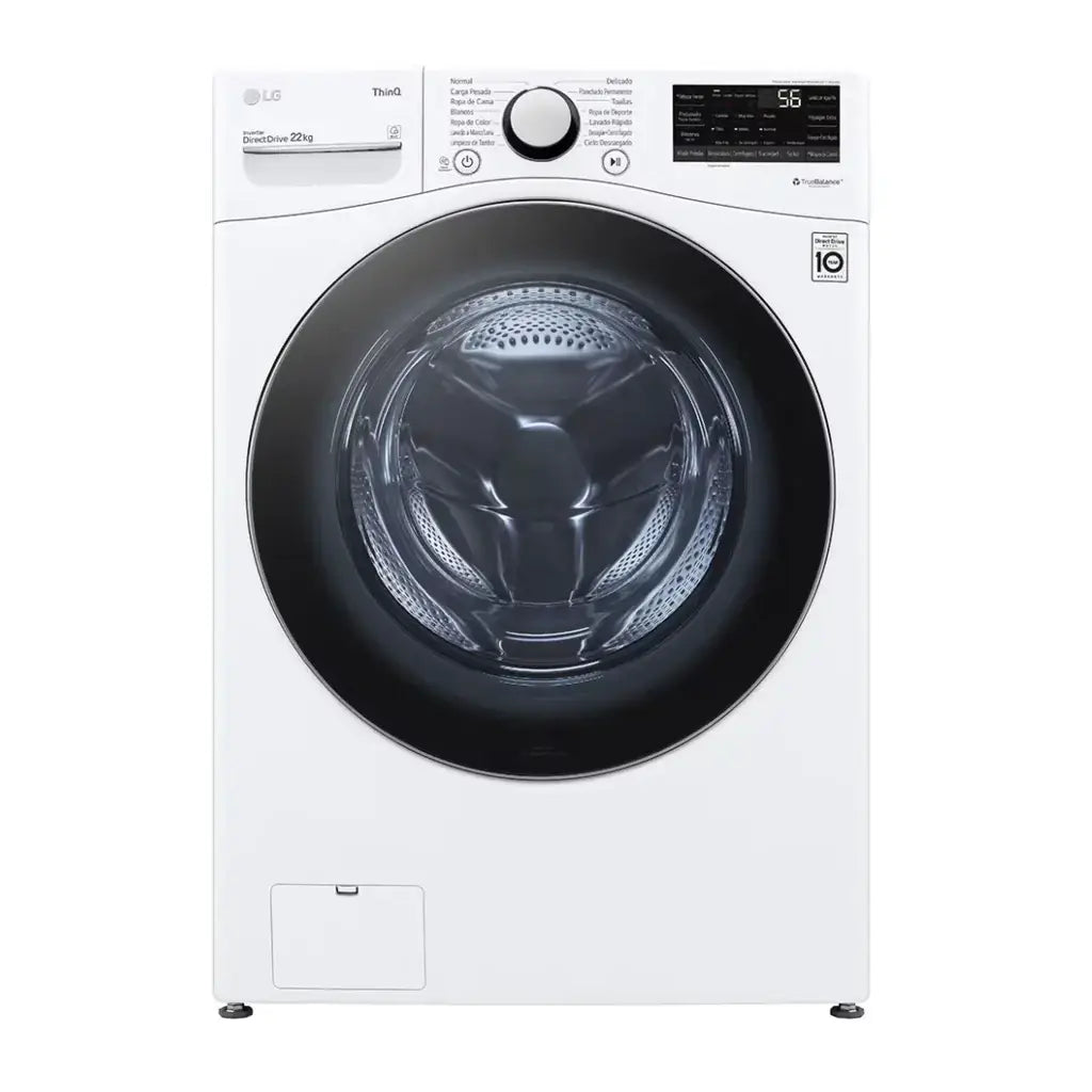 LG Lavadora Fornt  loading 22 kg white WM22WV26R frontal view of white front-loading washing machine with large round door and control panel