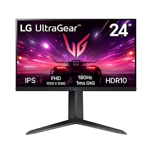 MONITOR 24'' GAMING LG ULTRAGEAR FHD 1920 x1080 180Hz 1MS HDR10 NEGRO 24GS65F-B - frontal view of 24" gaming monitor with stand