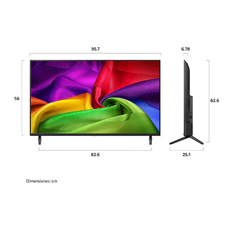 LG Televisor 43" UHD Nano Smart TV 43NU800BPSC dimensiones y vista lateral