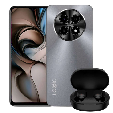 Logic L66F Gris 4GB RAM 128GB 6.6" HD+ Dual SIM 4G + Audífonos TWS Gray in front of abstract design background.
