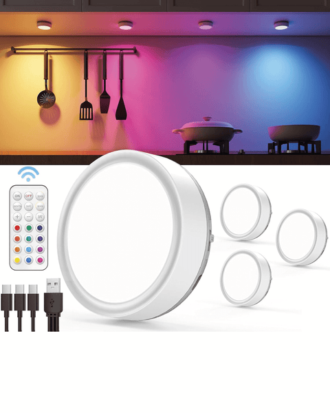 Luces de disco LED recargables RGB con control remoto, ideales para iluminación de gabinetes y ahorro energético.
