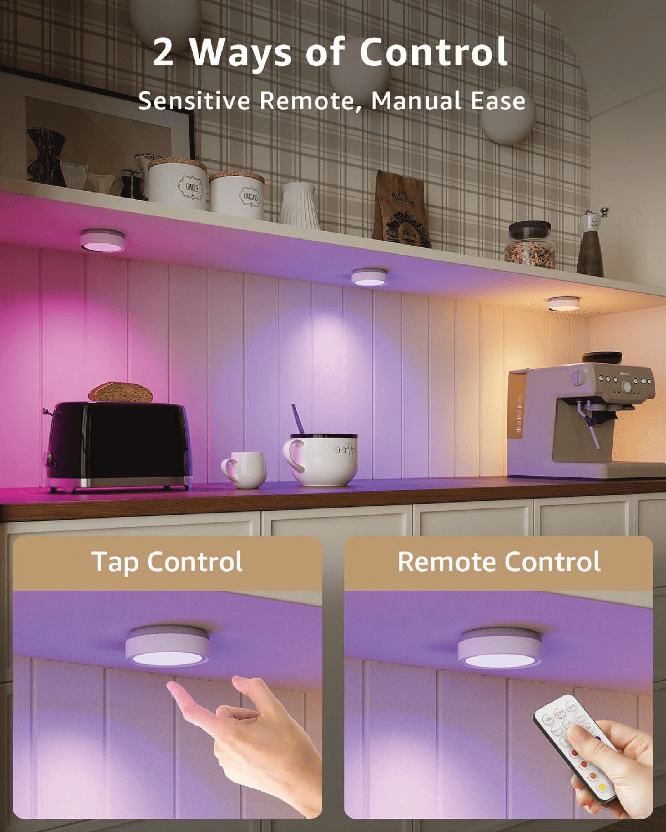 Luces de disco LED recargables RGB con control remoto y manual en cocina, iluminación versátil y moderna.
