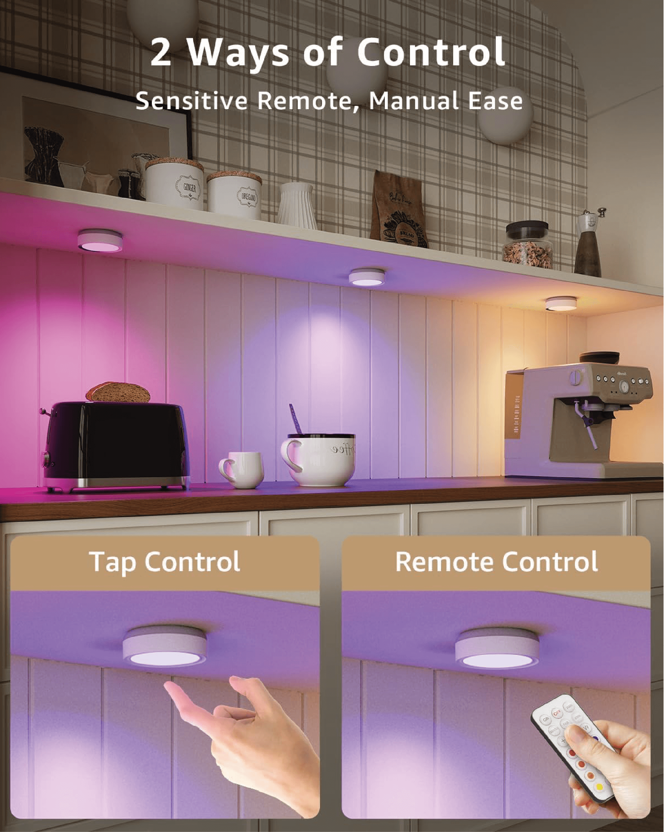 Luces de disco LED recargables RGB con control táctil y remoto en cocina iluminada.