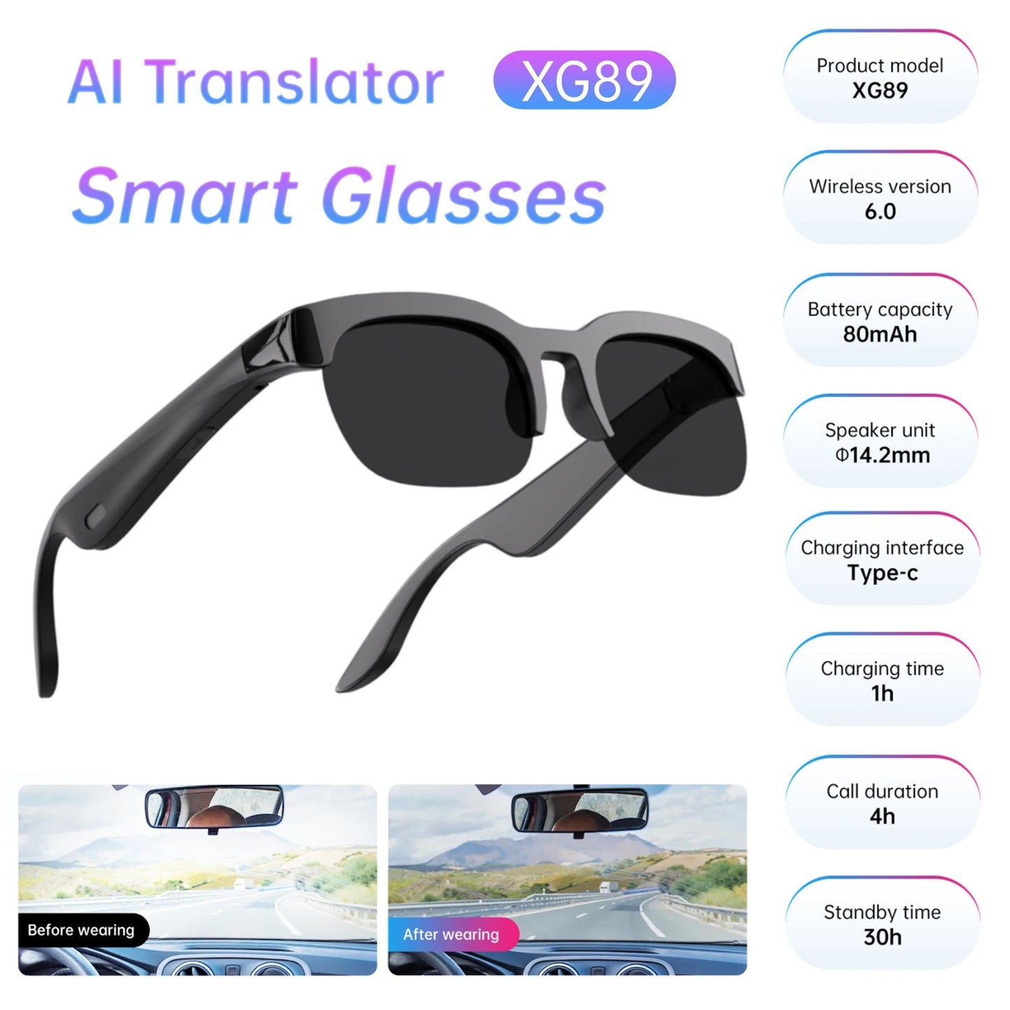Lentes XG89 con traductor inteligente AI en tiempo Real llamadas manos libres