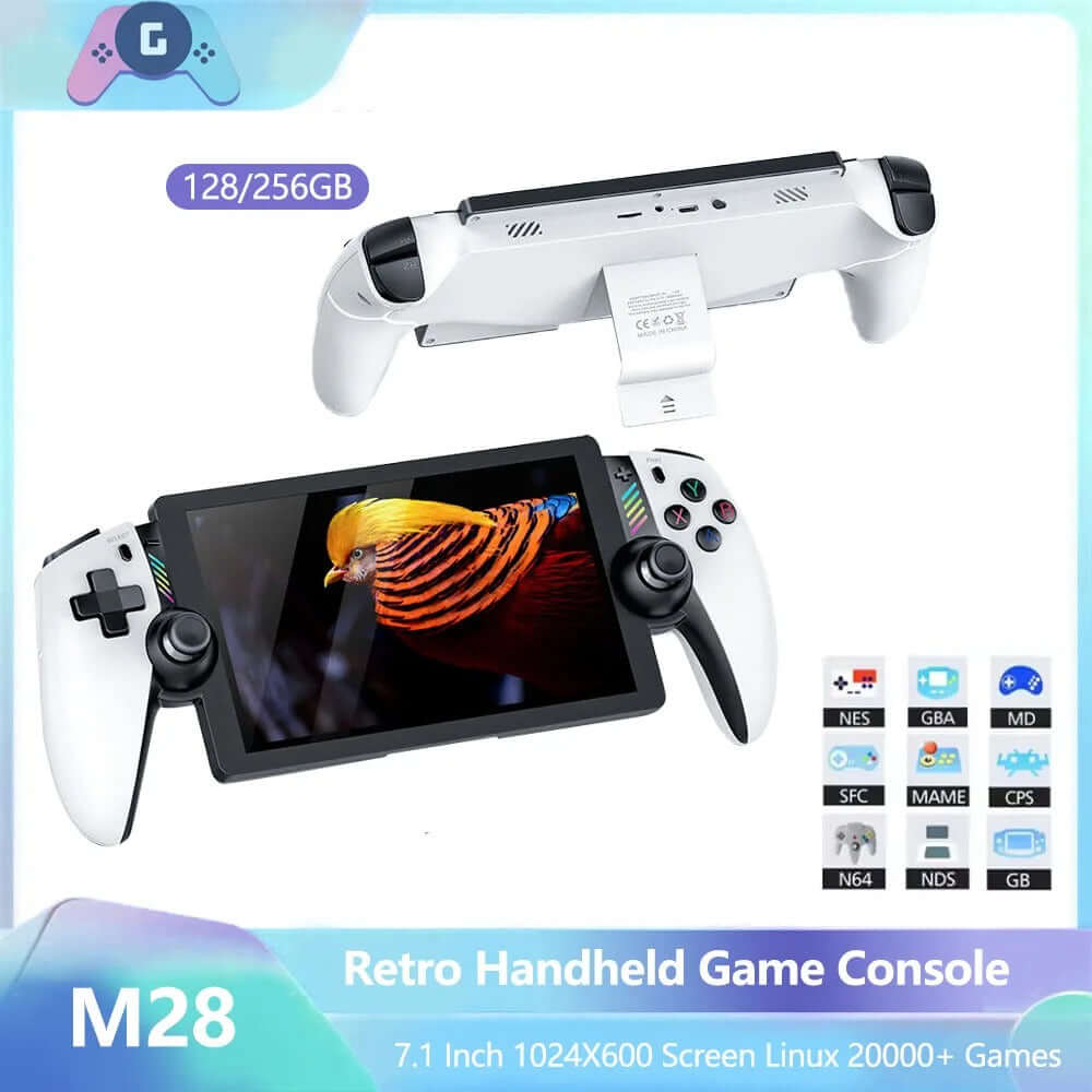Consola de juegos portátil PS2 M28 con pantalla de 7 pulgadas y capacidad de 128GB, ideal para juegos en movimiento.