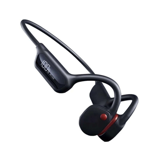 Auriculares bluetooth impermeables natación con pantalla digital IPX8 y diseño de conducción ósea para atletas.