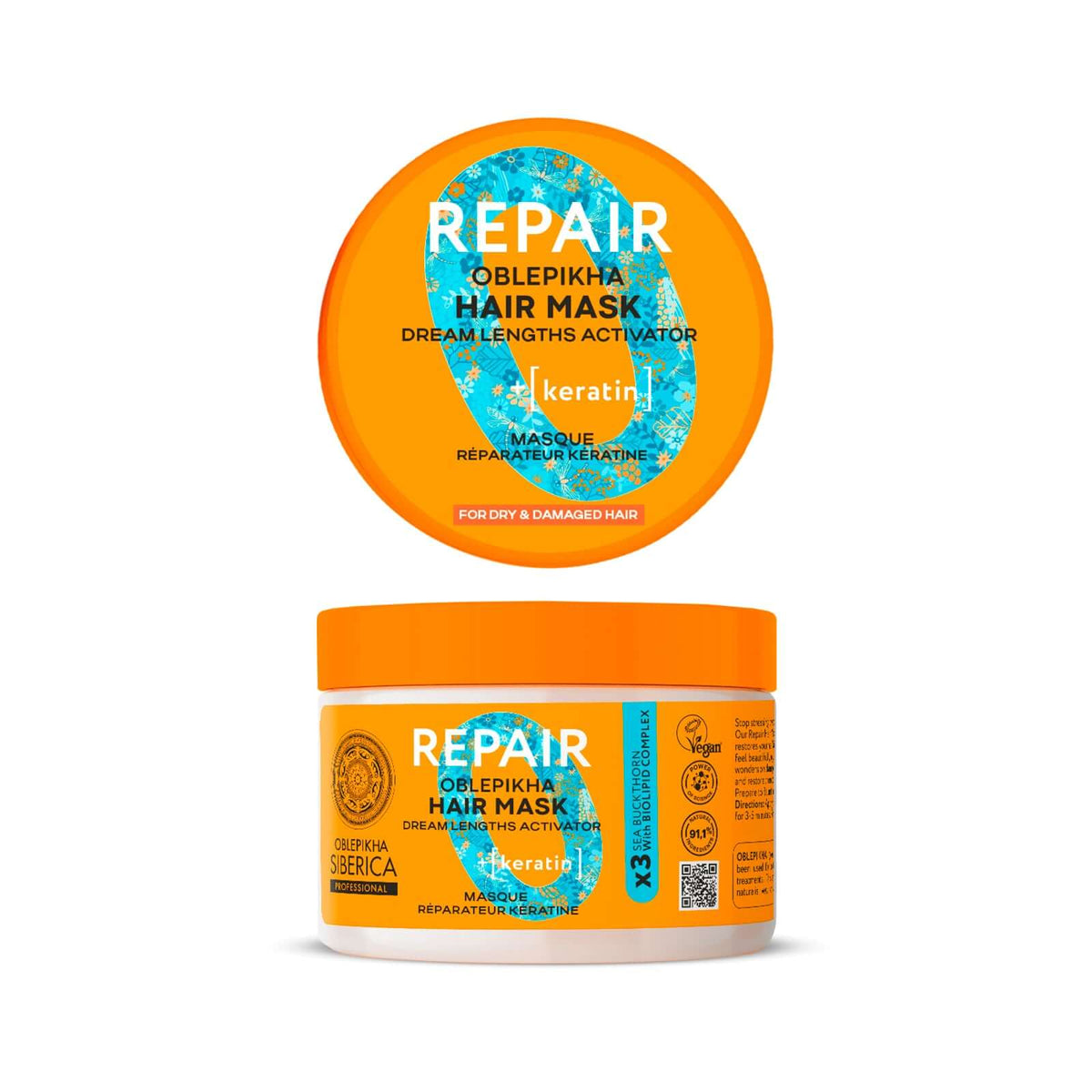 mascarilla capilar reparadora queratina Oblepikha para cabello seco y dañado