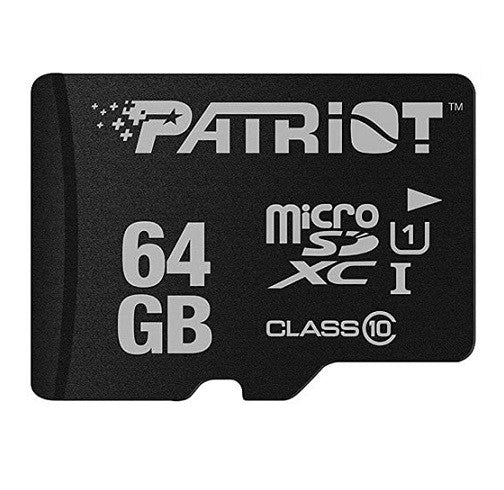 MEMORIA MICRO SD 64GB CLASE 10 PATRIOT PSF64GMDC10 LX SERIES black microSD card showing 64GB, Class 10 and Patriot logo