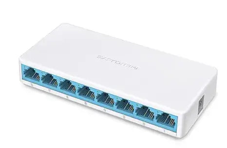 SWITCH MERCUSYS 8 PORT 10/100 compact white network switch showing eight Ethernet ports for small office/home networking