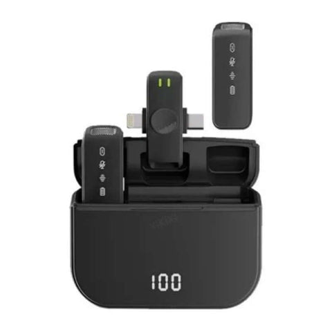 Micrófono solapa inalámbrico 2.4G con estuche de carga y pantalla LED, ideal para grabaciones en vivo.