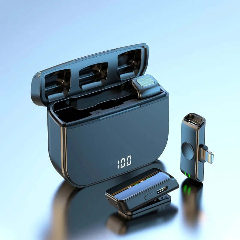 Micrófono solapa inalámbrico 2.4G con estuche de carga LED y chip de reducción de ruido inteligente.