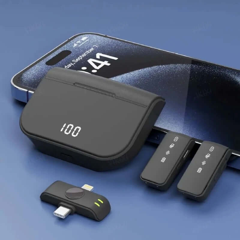 Micrófono solapa inalámbrico 2.4G con estuche de carga y pantalla LED, ideal para grabaciones de audio.