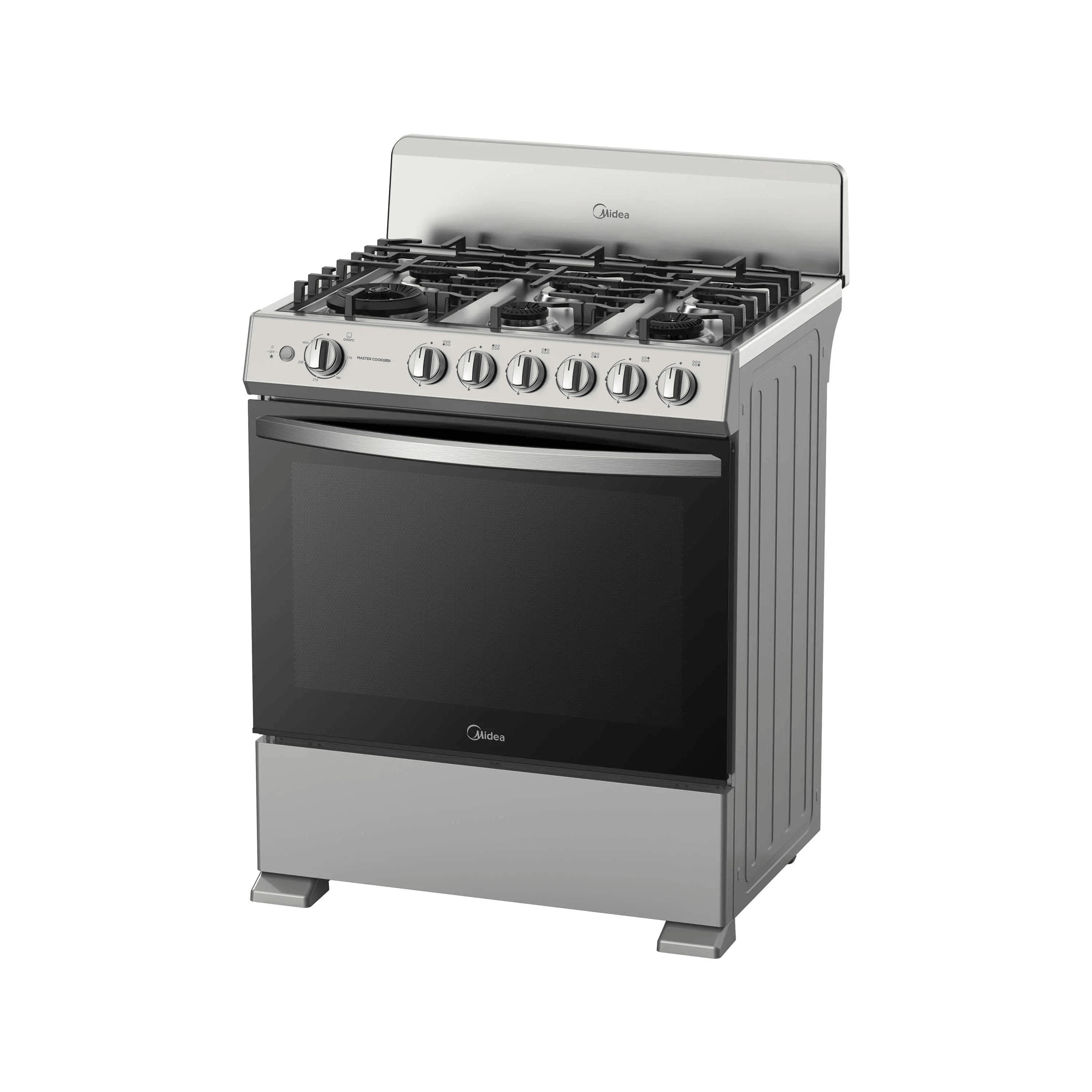 Midea Cocina De gas de 30" 6 quemadores Plateado MGS30FS1BIABGF-CA con horno, vista en ángulo de 30 grados