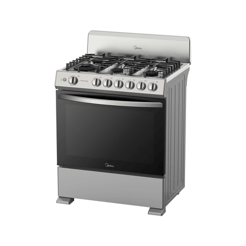 Midea Cocina De gas de 30" 6 quemadores Plateado MGS30FS1BIABGF-CA con horno, vista en ángulo de 30 grados