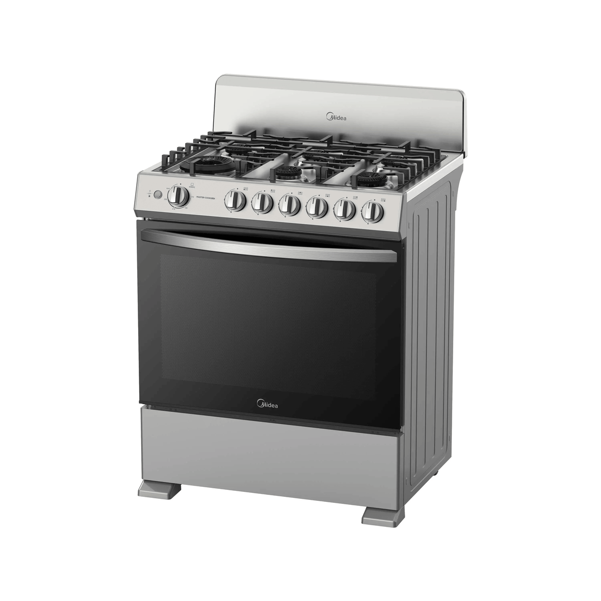 Midea Cocina De gas de 30" 6 quemadores Plateado MGS30FS1BIABGF-CA con horno, vista en ángulo de 30 grados