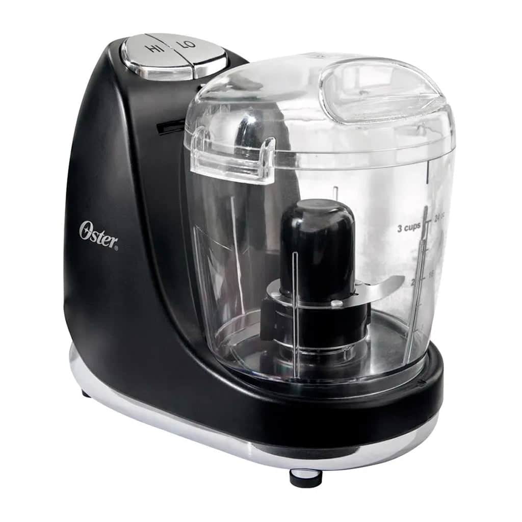 Mini Procesador De Alimentos Oster - Potente Y Compacto, 2 Velocidades Más Pulso, Recipiente De 3 Tazas, Motor De 125W, Accesorios Desmontables, Base Negra Con Detalles Cromados