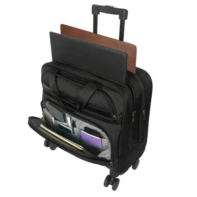 Mochila con ruedas para laptop con compartimentos de organización y mango telescópico.