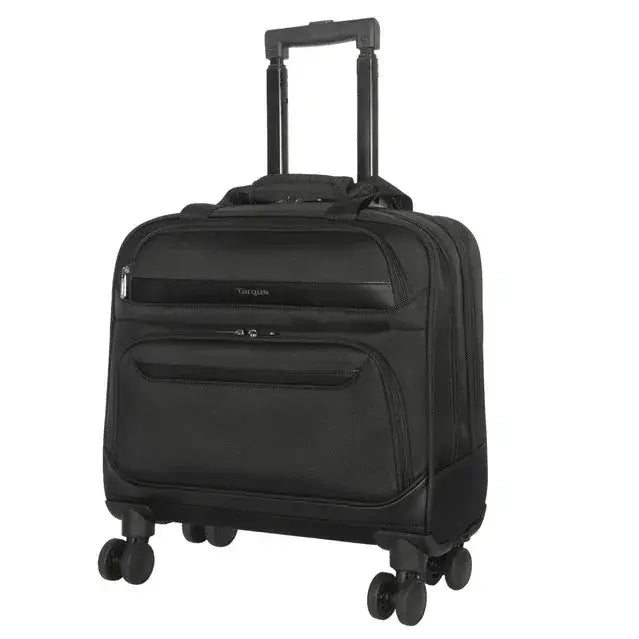 Mochila con ruedas para laptop, diseño negro, con cuatro ruedas multidireccionales y mango telescópico.