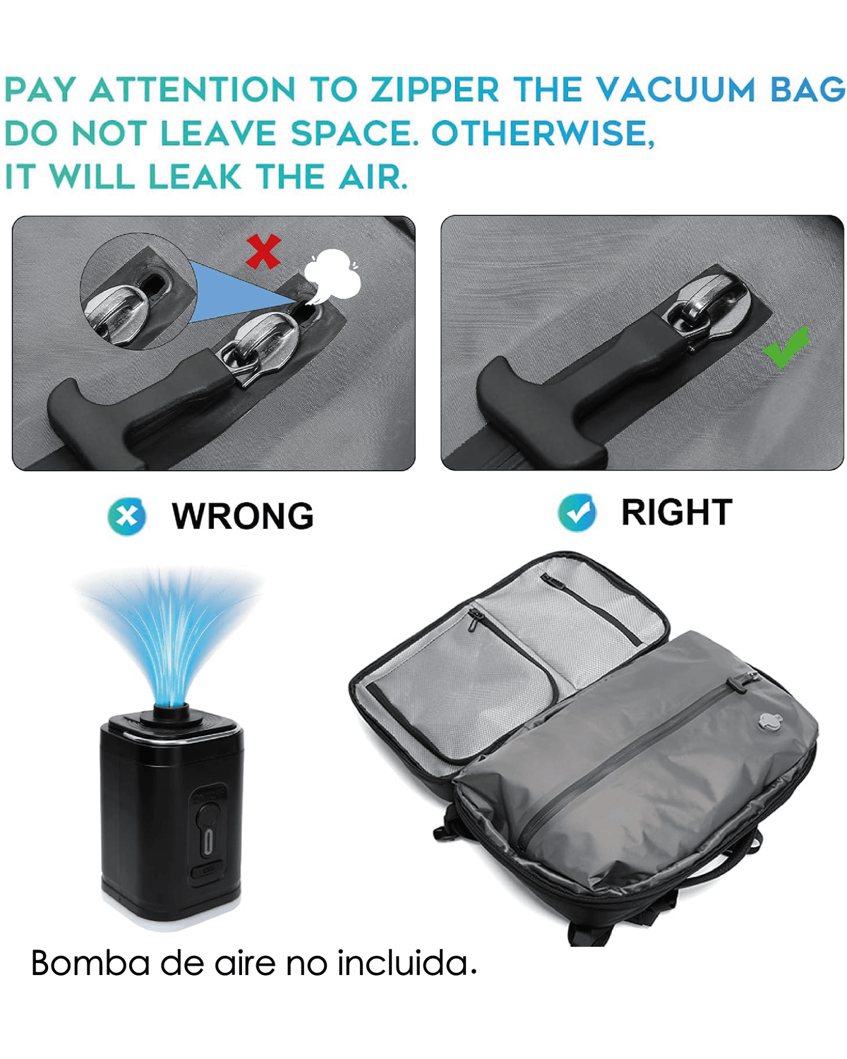 Instrucciones de compresión de la mochila viajera antirrobo BANGE con bomba de aire no incluida.