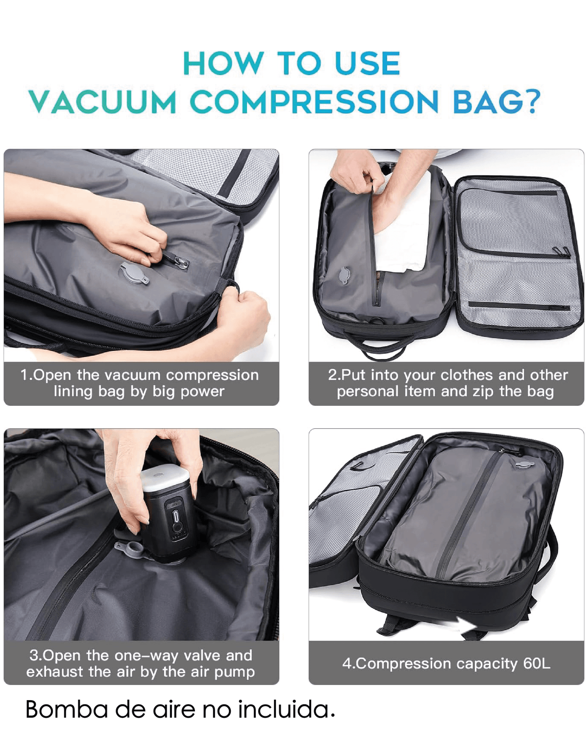 Instrucciones para usar la mochila viajera antirrobo BANGE con bolsa de compresión al vacío y capacidad de 60L.
