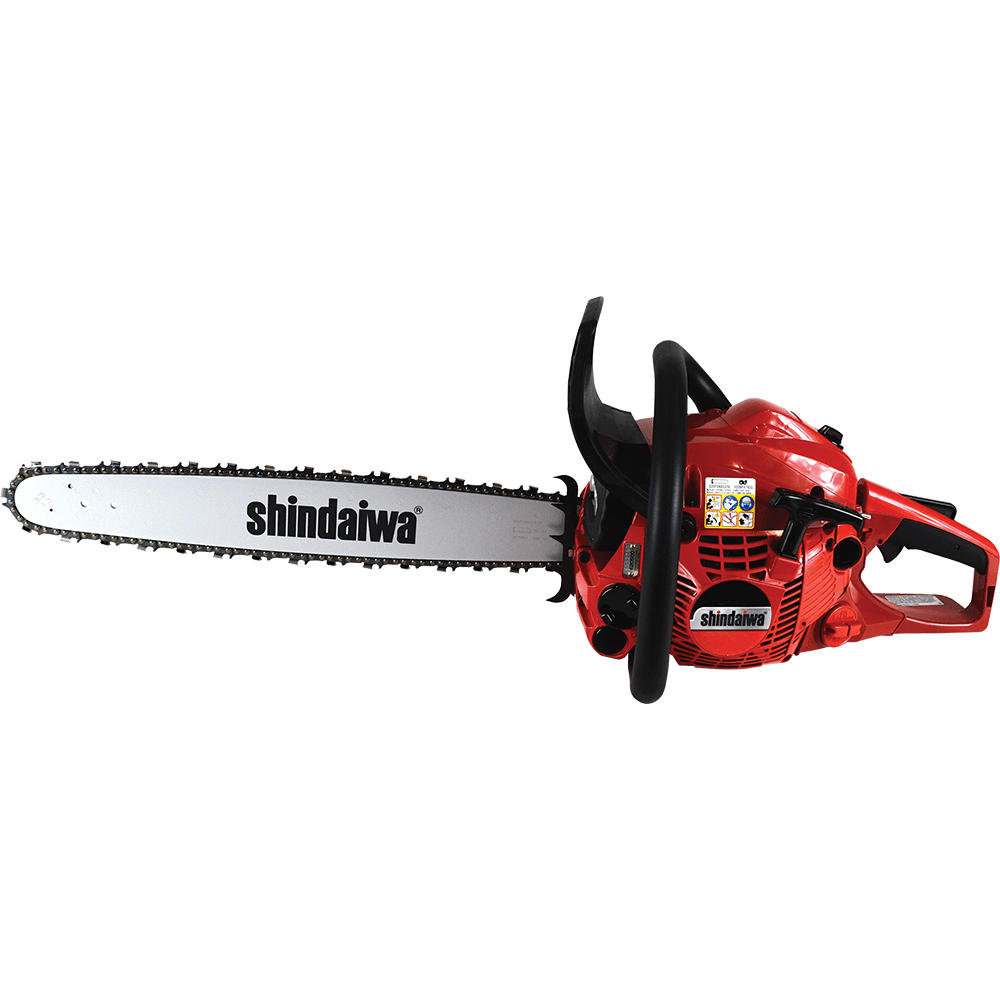 Motosierra Shindaiwa 492 motosierra roja con espada y cadena, vista lateral del equipo de poda y tala