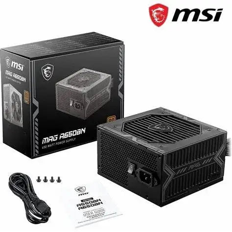 Fuente de poder MSI MAG A650BN, 650 watts, incluye cables y manual, diseño eficiente y confiable.