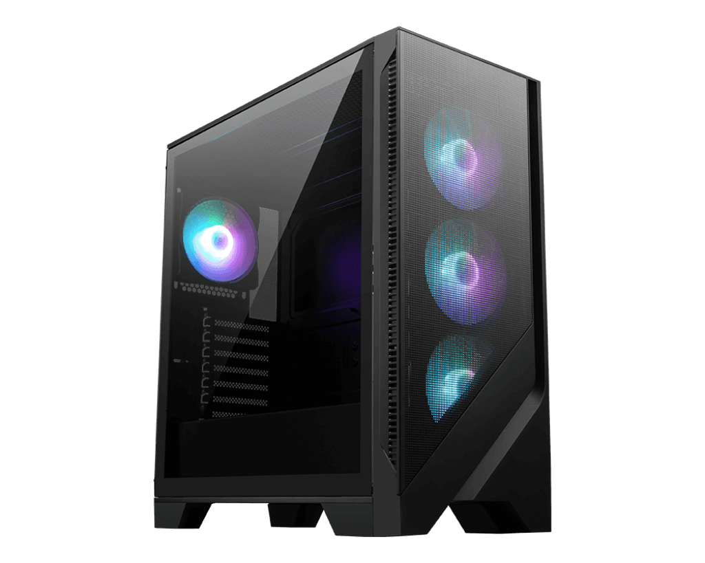 Caja de computadora MSI Mag Forge 321R con iluminación RGB y diseño moderno.