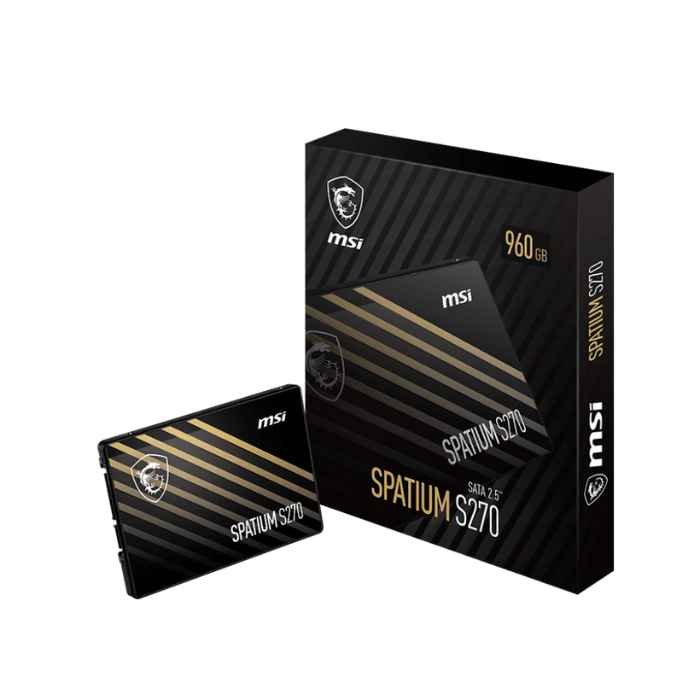 MSI SSD SPATIUM S270 SATA 2.5 960GB en su empaque original, perfecto para almacenamiento rápido.