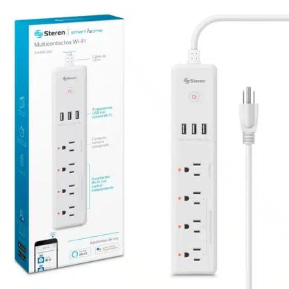 Tira Multicontactos Wi-Fi Steren De 4 Salidas Horizontales Y Triple Cargador Usb