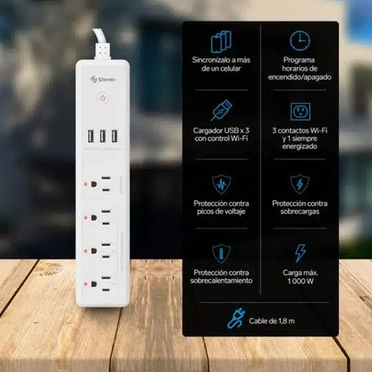 Tira Multicontactos Wi-Fi Steren De 4 Salidas Horizontales Y Triple Cargador Usb