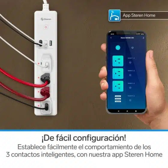 Tira Multicontactos Wi-Fi Steren De 4 Salidas Horizontales Y Triple Cargador Usb