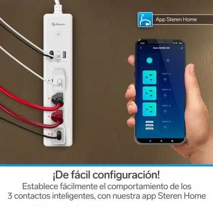 Tira Multicontactos Wi-Fi Steren De 4 Salidas Horizontales Y Triple Cargador Usb
