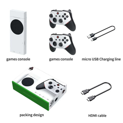Consola retro Game Stick M88, dos mandos, cable micro USB, diseño de empaque y cable HDMI.