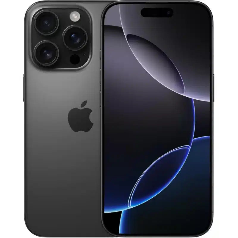 Nuevo Iphone 16 Pro 256Gb en color grafito mostrando pantalla OLED y cámara triple trasera, vista frontal y trasera