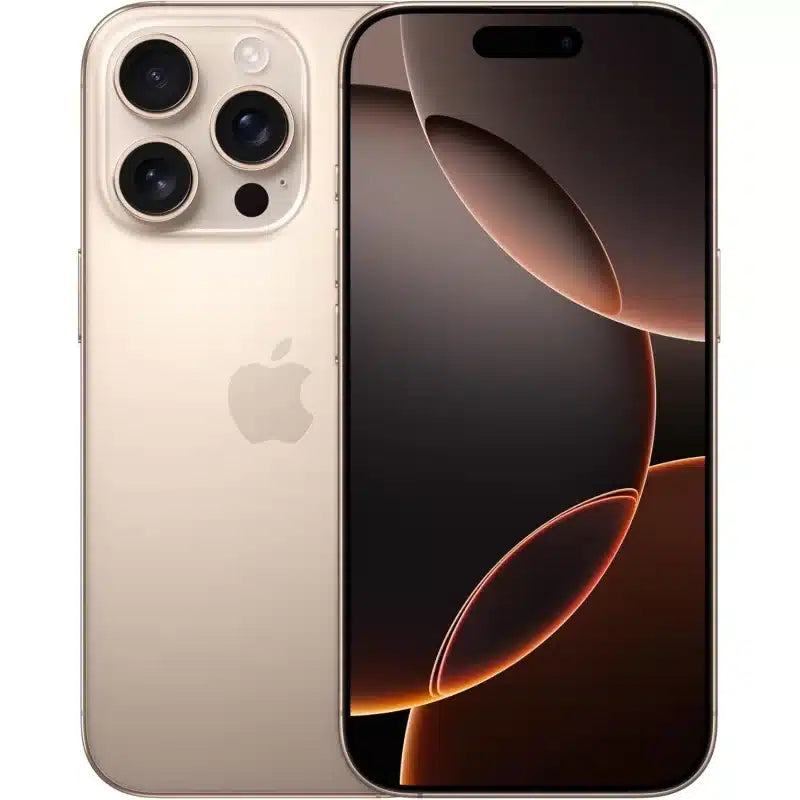 Nuevo Iphone 16 Pro 256Gb in gold, front and back view showing triple camera, screen and design